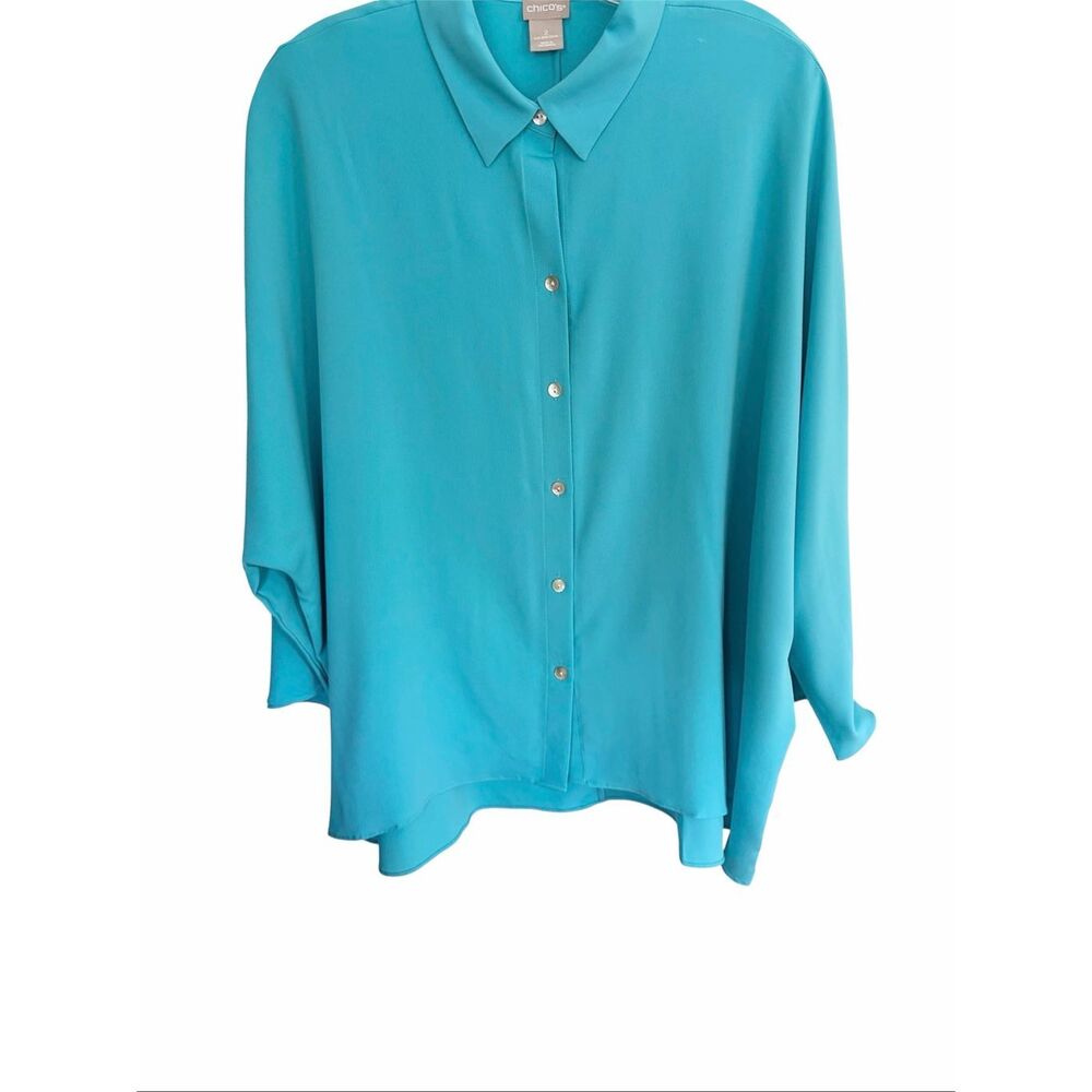 Chico’s Turquoise 3/4 Dolman Sleeve Button Up Shirt Sz 2/ L